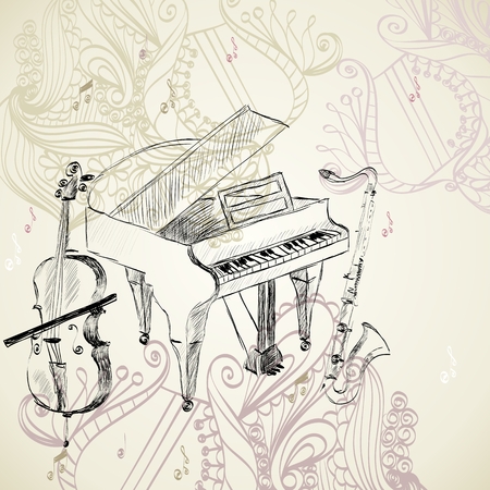 sketch of musical instruments on a beige backgroundのイラスト素材