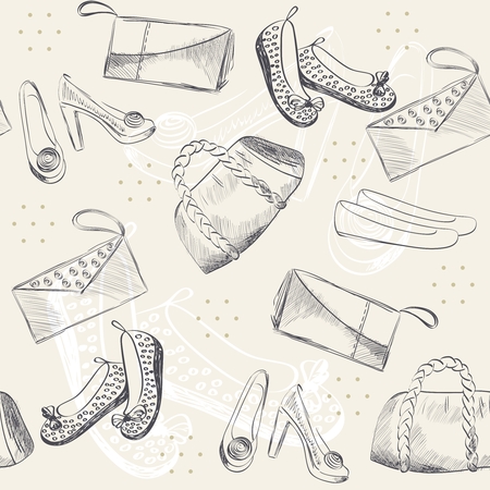 Fashion  shoes and bags. Hand drawn illustration.のイラスト素材