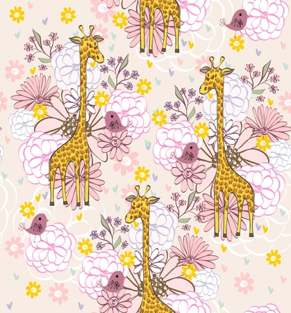 Stylish floral background with cartoon giraffe and  bird in light colors.のイラスト素材
