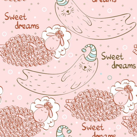 Cartoon Sleeping animals. Hand Drawn  illustration. Seamless patternのイラスト素材