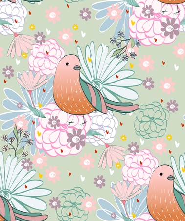 Stylish floral background with cartoon  bird in light colors.のイラスト素材