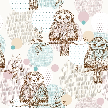 Vector drawn seamless geometric pattern with owlのイラスト素材