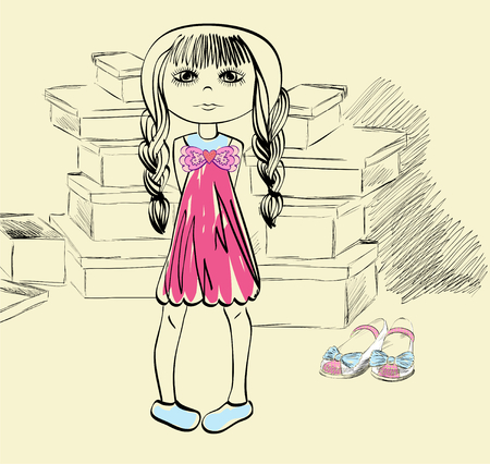 Beautiful little  girl  shopping for fashion shoes.のイラスト素材