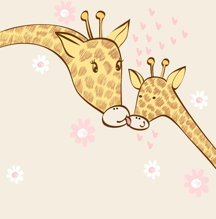 baby giraffe and mom. Hand drawn illustration.のイラスト素材