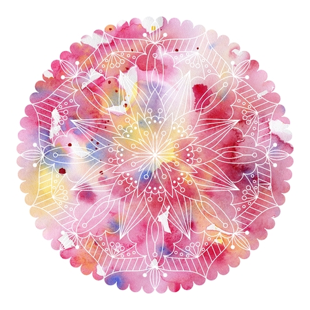 Mandala  colorful watercolor. Beautiful round pattern. Detailed abstract pattern. Decorative isolated.の写真素材