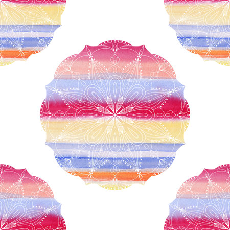 Mandala colorful watercolor. Beautiful round pattern. Detailed abstract pattern. Decorative isolated.の写真素材