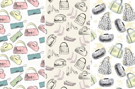 trendy fashion handbags. Fashionable Hand drawn illustration.のイラスト素材