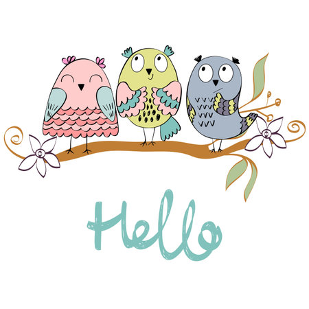 illustration with cartoon owls sitting on the branchesのイラスト素材
