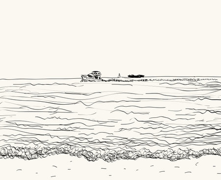 Vector summer seascape sketch. Seaside view and beachのイラスト素材