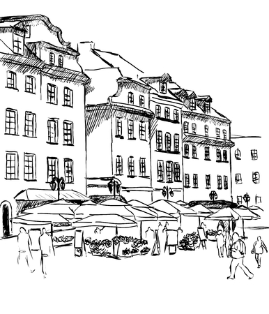 City sketch. Vector black and white illustrationのイラスト素材