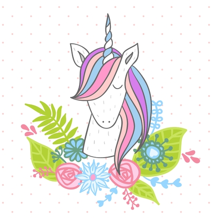 Magic cute unicorn with flowers. Vector greeting card.のイラスト素材