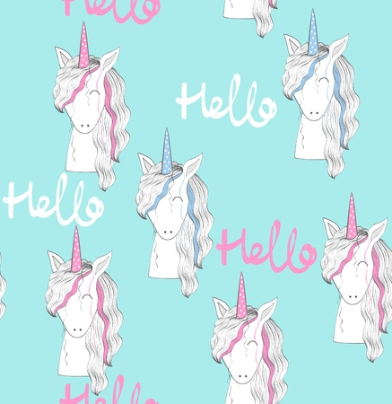 Five unicorns with hair over blue background with hello text.のイラスト素材