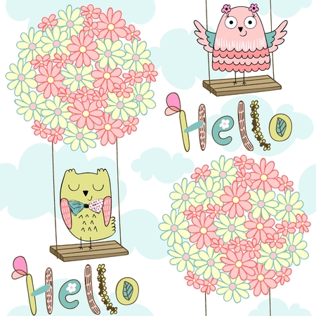 Cartoon owls on a flower swing in the clouds. Seamless pattern.のイラスト素材