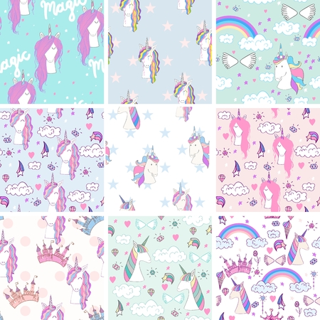 Magic cute unicorns seamless patterns Vector illustration.のイラスト素材