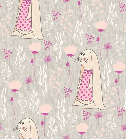 Vector seamless pattern with flowers and bunniesのイラスト素材