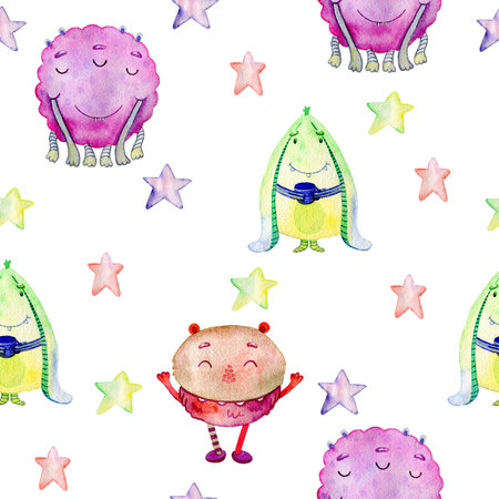 Cute watercolor Monstersの写真素材