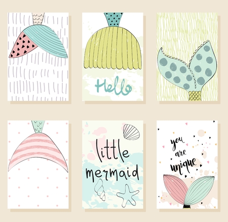 Collection of cute artistic cards for kids. Vector hand drawn illustration with mermaid's tail.のイラスト素材