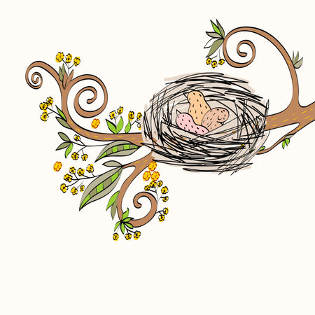 Bird nest on the tree branch. Vector illustrationのイラスト素材