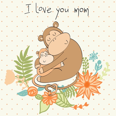 Baby shower cards. Vector monkey mom and babyのイラスト素材