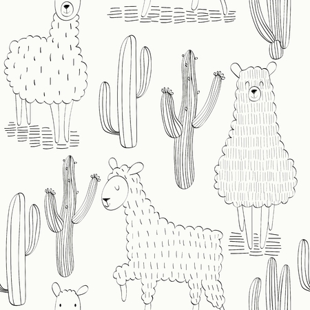 hand drawn vector seamless pattern with llamasのイラスト素材