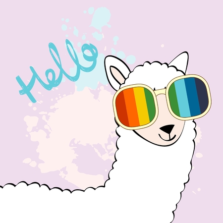 Hand drawn card with llama with glasses.のイラスト素材