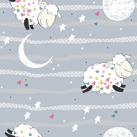 Seamless pattern with funny sheep and moon. Sweet dreams.のイラスト素材