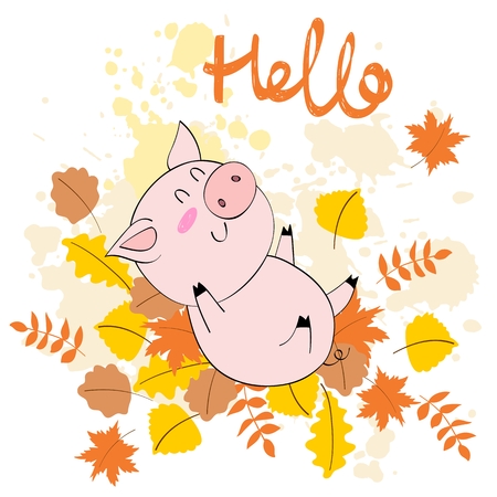 Vector cute autumn illustration with pig and leaves.のイラスト素材