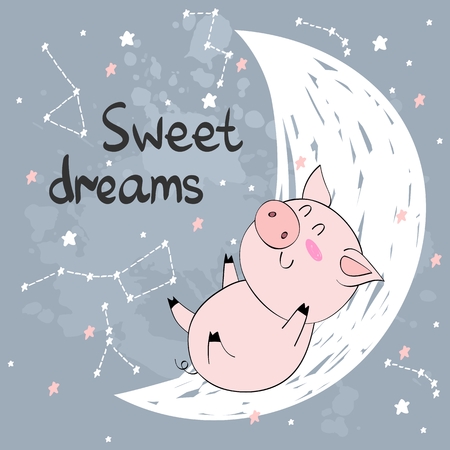 Vector illustration with funny pig and moon. Sweet dreams.のイラスト素材
