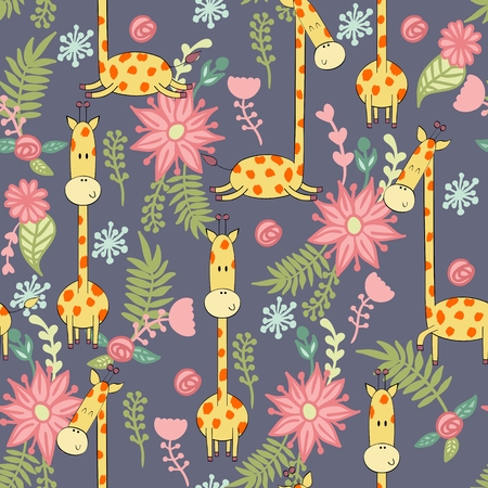 Vector illustration with cartoon giraffe with flowers. Seamless patternのイラスト素材