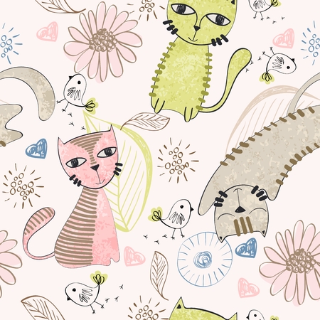 Vector hand drawn seamless pattern with catsのイラスト素材