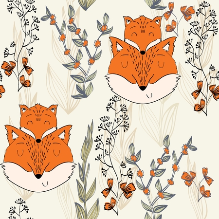 Seamless pattern. Vector fox mom and babyのイラスト素材