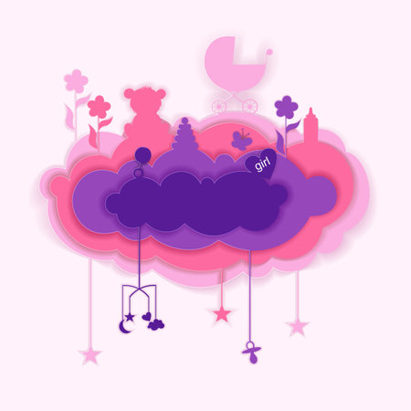 Paper cut of cloud with babies elements, card illustration.のイラスト素材