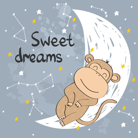 Vector illustration with funny monkey and moon. Sweet dreams.のイラスト素材