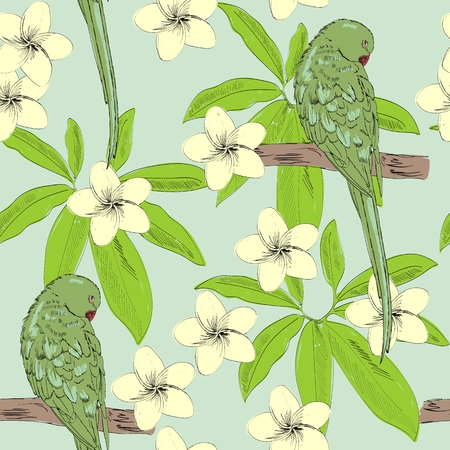 Tropical seamless vector pattern with parrot and flowers.のイラスト素材