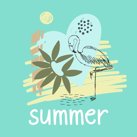 Spring vector illustration with flamingo and abstract elements.のイラスト素材