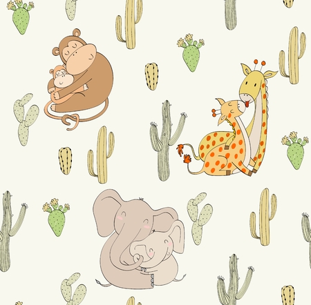 Seamless pattern. Vector animals moms and babiesのイラスト素材