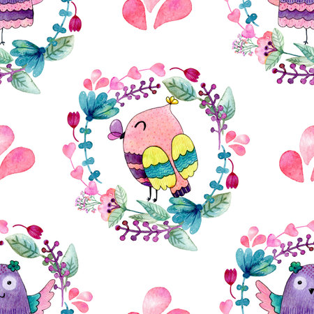 Watercolor seamless pattern with owls.の写真素材