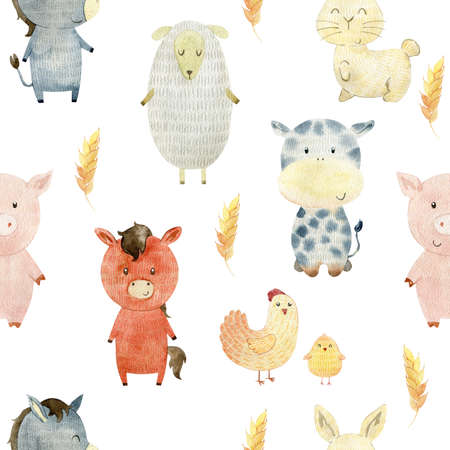 Watercolor pattern with farm animals.の写真素材
