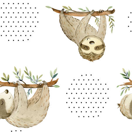 Watercolor cute sloths.の写真素材