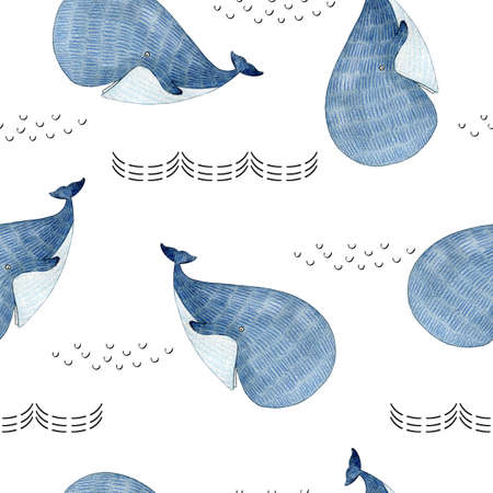 Watercolor seamless pattern with whale.の写真素材