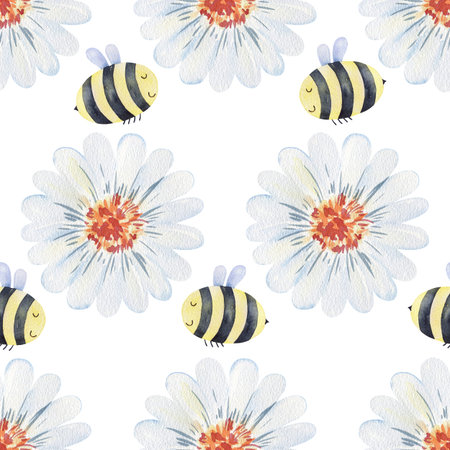 Watercolor seamless pattern with bees.の写真素材