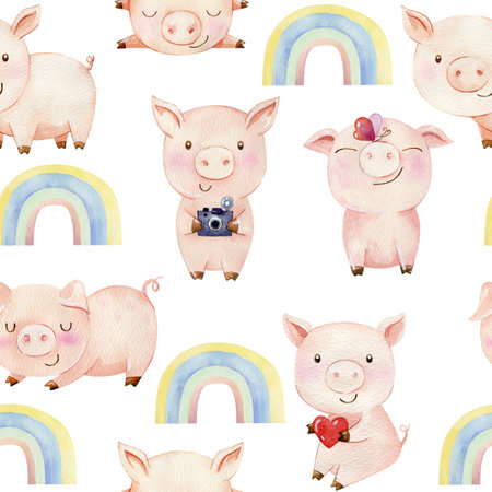 Watercolor seamless pattern with pigs.の写真素材