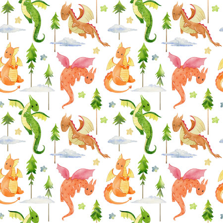 Watercolor cute dragons.の写真素材
