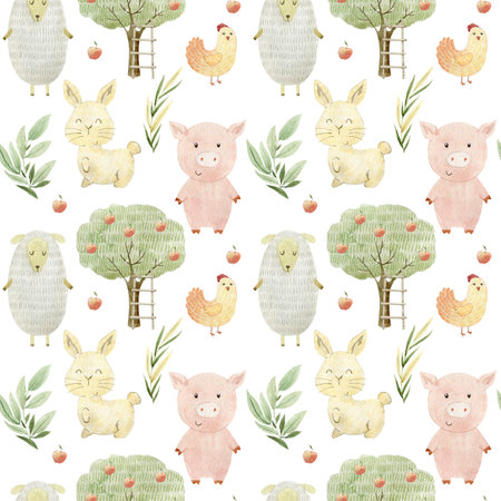 Watercolor pattern with farm animals.の写真素材