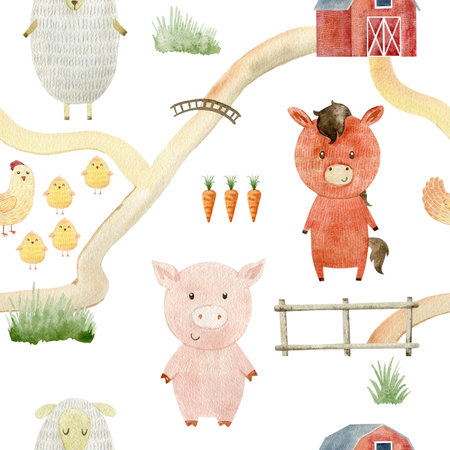 Watercolor pattern with farm animals.の写真素材