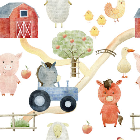 Watercolor pattern with farm animals.の写真素材