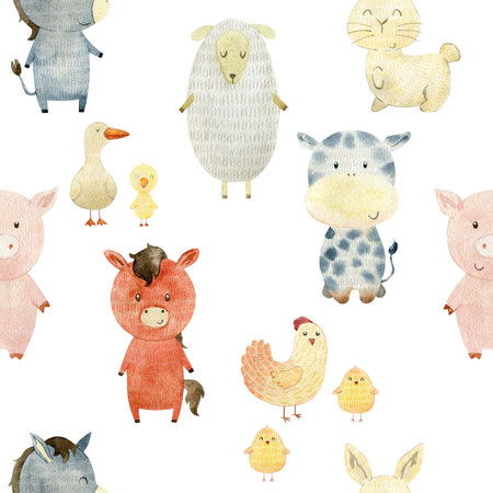 Watercolor pattern with farm animals.の写真素材