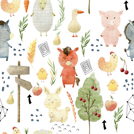 Watercolor pattern with farm animals.の写真素材