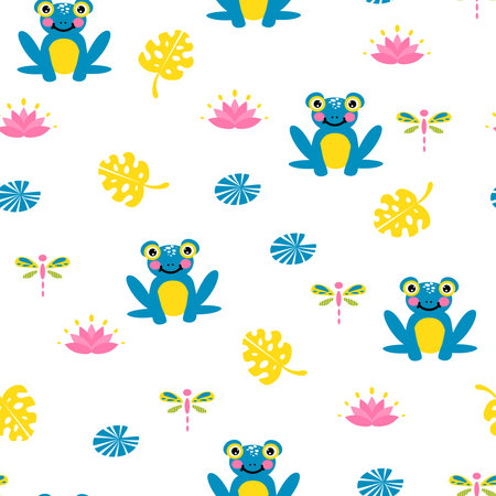 Cute blue frogs seamless vector pattern.のイラスト素材