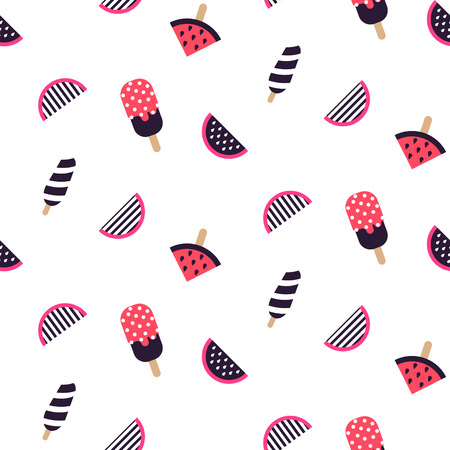 Seamless pattern with fruit ice cream and watermelon. Sweet pastry shop pink and purple background vector.のイラスト素材